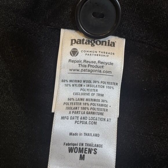 Patagonia Vegabunda Reversible Coat Jacket M Black Gray Merino Wool Blend Hooded - Picture 11 of 12